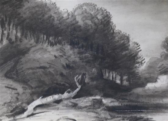 Dr Thomas Monro (1759-1833) chalk and wash, A Woodland Pond, 15 x 20cm.